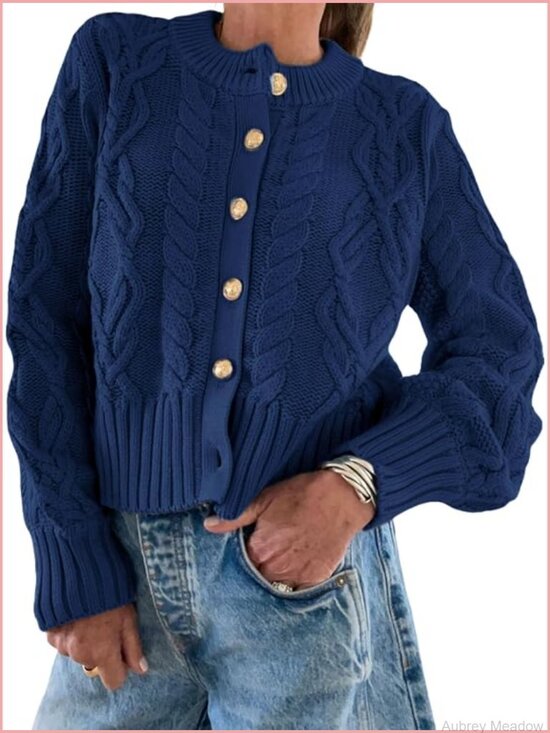 Sweaters - Vintage Cable Knit Cropped Cardigan Women Crewneck Chunky Button Up Sweater